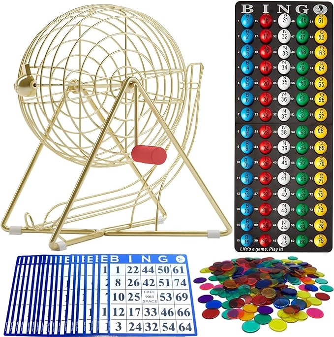 MR CHIPS 11" Tall Bingo Set with Steel Cage Professional Game Everlasting 7/8” Balls, 18 Cards and 300 Chips - Luxury Gold Color