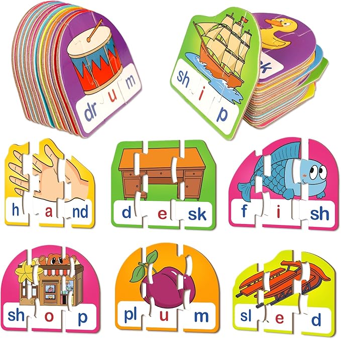 CVCC & CCVC Puzzle Cards for Kids - Word & Phonics Games, Speech Therapy Toys for Toddlers, 4 Alphabet Letter Word Puzzles, Learning Spelling Games