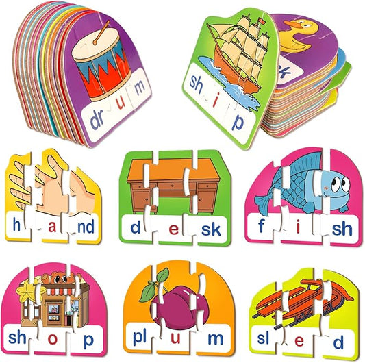 CVCC & CCVC Puzzle Cards for Kids - Word & Phonics Games, Speech Therapy Toys for Toddlers, 4 Alphabet Letter Word Puzzles, Learning Spelling Games