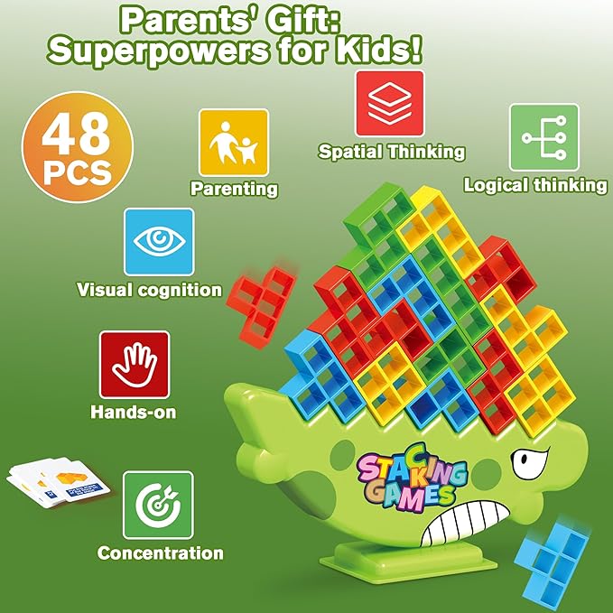 Stacking Balance Game for Kids & Adults - 3D Colorful Dinosaur Blocks 48PCS, Fine Motor Skill Development Toy, Retro Block Puzzle-Inspired Board Game, Gift for Ages 3+