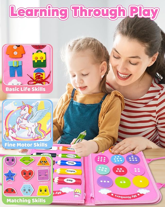 Toddler Busy Board Montessori Toys for 1 2 3 4 Year Old Girl Birthday Gifts, Busy Book Sensory Learning Toys for Toddlers 1-3, Educational Activities Airplane Car Travel Toy for Ages 2-4 Girl