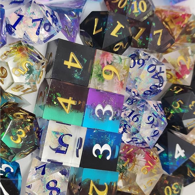 D&D DND Resin dice Set, RPG Sharp dice Handmade polyhedral dice Set with Beautiful connotations, Suitable for Role-Playing Board Game Dungeons & Dragons 7PC Digital Free Black Storage Bag Brown Blue