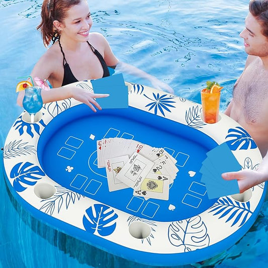 Extra Large Floating Games Table with Waterproof Playing Cards, Inflatable Pool Bar for Adults, Pool Accessories Hot Tub Tray Inflatable Food Drink Holder for Summer Party Indoor Outdoor Beach Pool