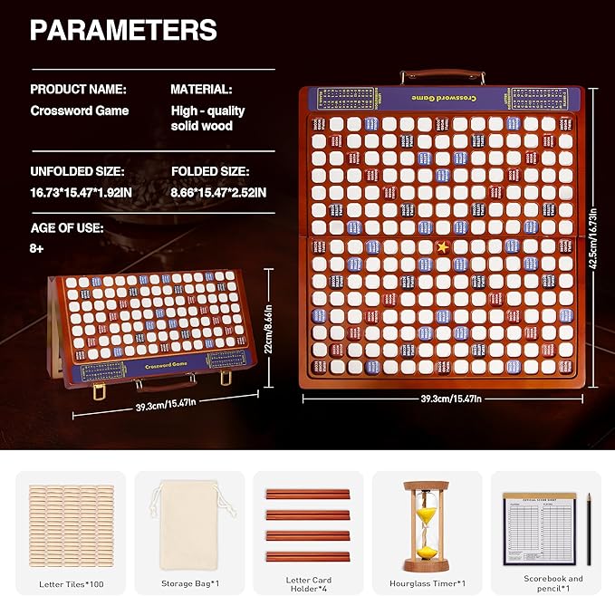 Crossword Game with Rotating Wooden Board, Foldable Board into Portable Carry Case, Luxury Edition Word Building Game with 100 Letter Tiles, Educational Family Board Game for 2-4 Players