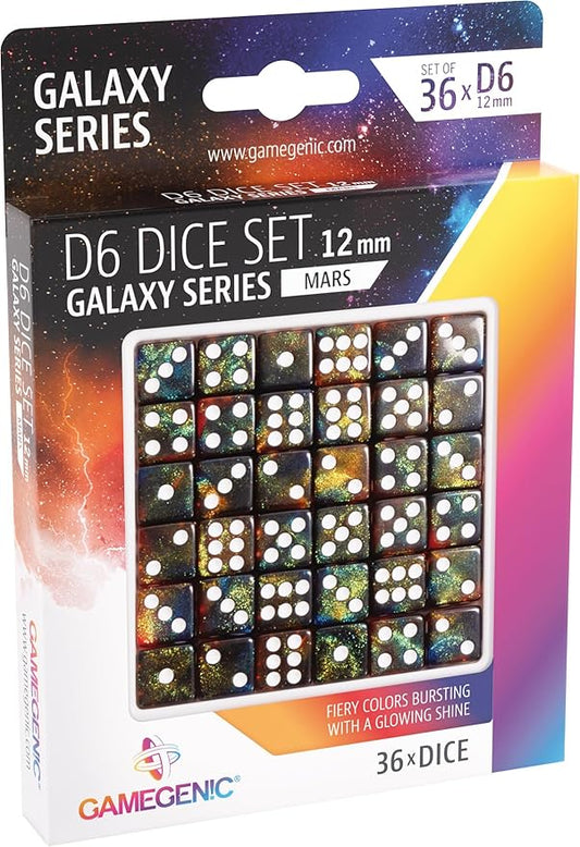 Galaxy Series Mars D6 Dice Set Set of 36 Six-Sided Dice Premium Quality Resin Dice for Dice Games, Board Games and Card Games Cosmic Glittering Design Red and Blue Color Made by Gamegenic