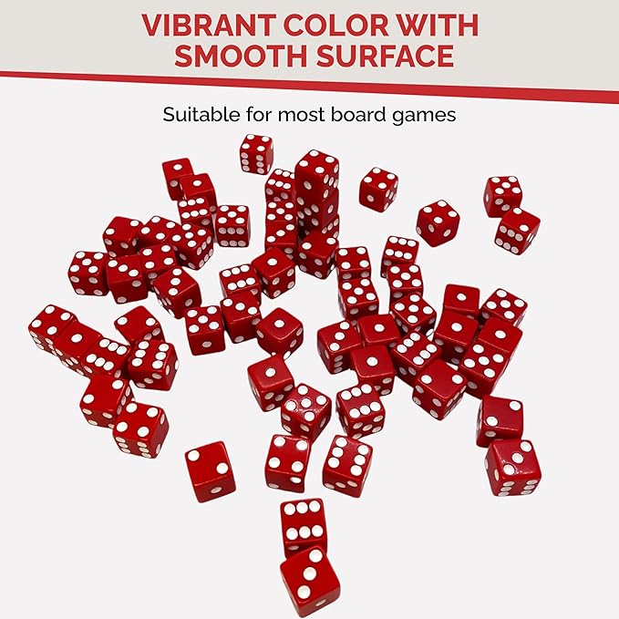 MR CHIPS D6 Standard 16 mm Opaque Dice with Pip Dots - 100 Pack - Red
