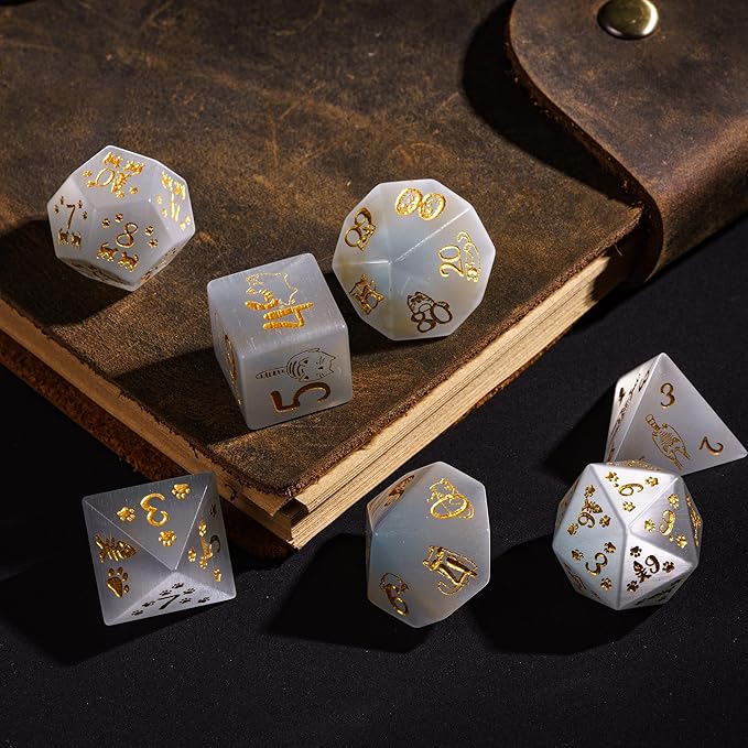 UDIXI Gemstone Dice Set 7PCS Stone DND Dice with Gift Case for Dungeons and Dragons Tabletop Game (Cat's Eye Stone)
