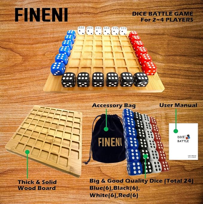 Dice Battle, 2~4 Player Board Games, 4 Player Durable Wooden Coffee Table Games for Adults, Best Bar Dice Games, Indoor Tabletop Game & 4 Players Wood Table Top Dice Game (Single(2~4)/Log)