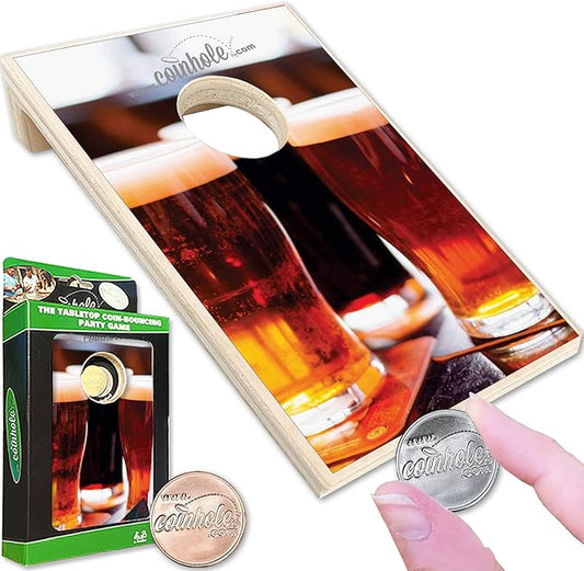 Desktop Coin Bouncing Party Set | Tabletop Cornhole Board | Small Travel Game Includes Coins