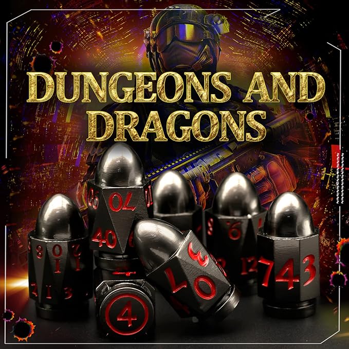Bullet Dice Set, DND Dice Metal Revolver，ZHOORQI D6 Gun Dice D&D Gifts for Dungeons and Dragons, RPGs(7-Red Number)