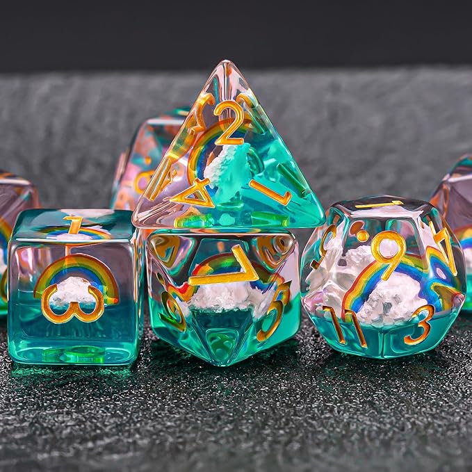 Rainbow Resin D&D Dice Set, Polyhedral Dice for Dungeons and Dragons, RPG, MTG,Role Playing Games (D4, D6, D8, D10, D12, D20, D%) 7PC