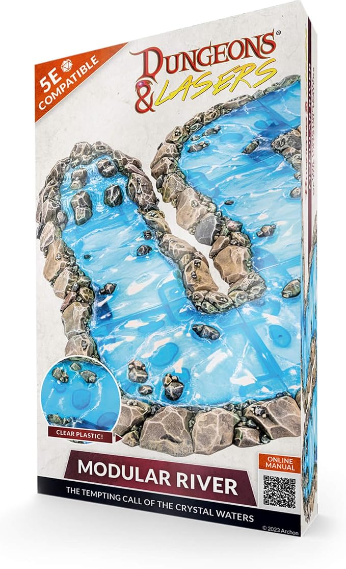 Dungeons & Lasers Modular River DND Terrain - 8 Pieces with Clear Plastic for Realistic Water Effect - for D&D and 5E Compatible Tabletop RPG Games - Unpainted and Unassembled - Ages 14 Years and up