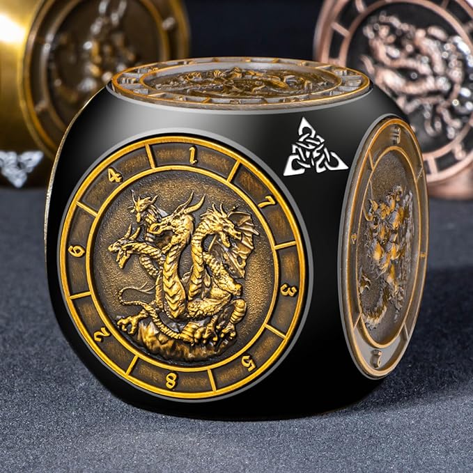 7 in 1 Spinner DND Dice Set, Metal D and D Dragon Dice with Gift Box, Role Playing Dice, Black Gold