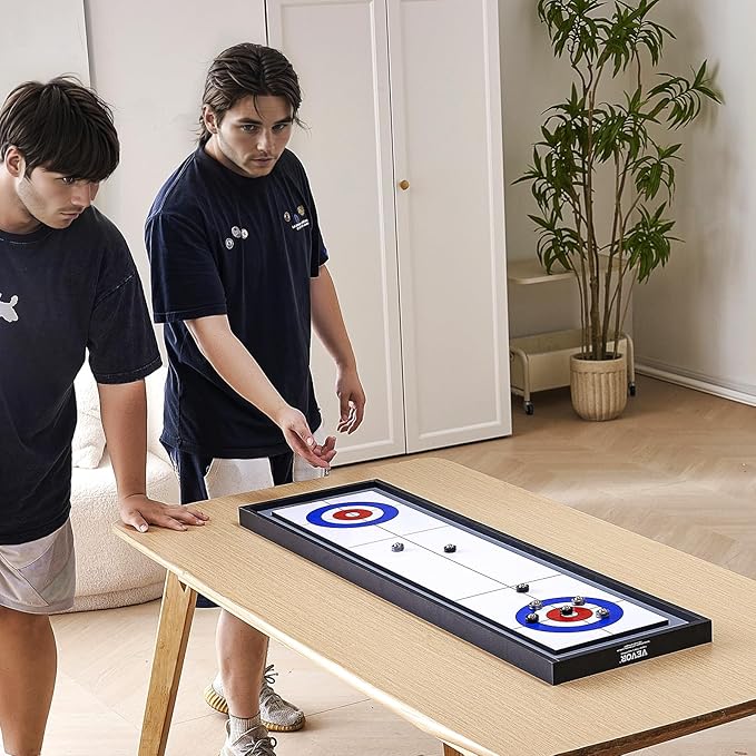 VEVOR Shuffleboard and Curling 2 in 1 Board Games, 45" Portable Tabletop Set, Two Sided Tabletop Shuffleboard with 8 Rolling Pucks, Shuffleboard and Curling Combo Game Set for Kids and Family