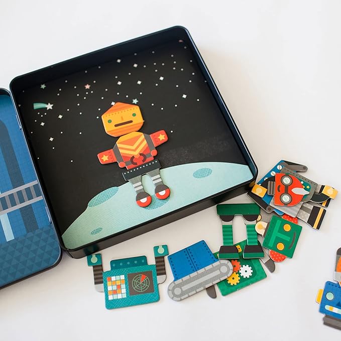 Petit Collage Magnetic Play Set, Robot Remix – Mix & Match Magnetic Game Board, Ideal for Ages 3+ – Includes 2 Magnetic Scenes and over 25 Magnet Pieces, Ideal Travel Activity for Kids