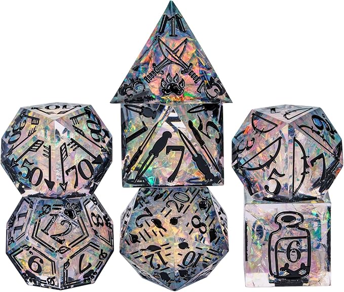 Cusdie 7-Die Sharp Edges DND Dice Set, Ranger Pattern Polyhedral D&D Dice Set for DND Dungeons and Dragons TTRPG Role Playing Games(Transparent w/Black Ranger Pattern)