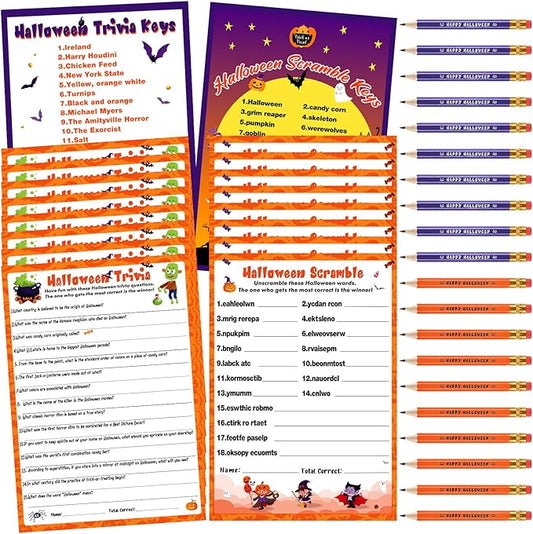 Kathfly 120 Pcs Halloween Games for Adults Include 2 Sets 40 Halloween Games Cards 20 Answer Cards and 20 Pencils, Baby Shower Party Supplies Word Scramble for Adults Groups (Horrible)