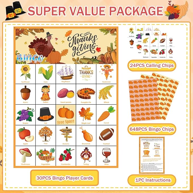 VESPRO 46PCS Thanksgiving Bingo Game Cards for 30 Players Thanksgiving Day Party Games Fall Bingo for Kids Party Classroom Activities