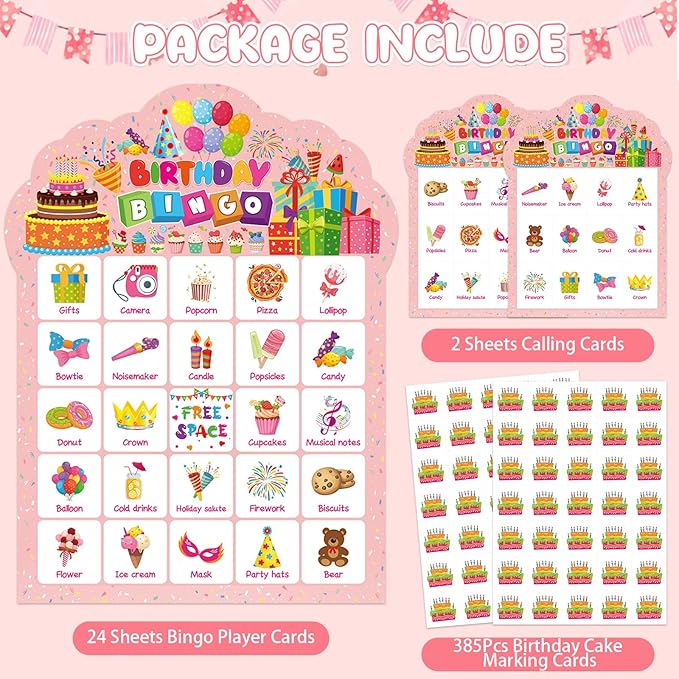 Birthday Bingo Game Cards, 24 Players Birthday Bingo Cards Party Games for Family Friends Adults Large Group Holiday Activities Supplies