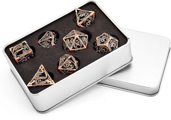 Hollow Metal DND Game Dice Dragon Shape Carved Antique Copper 7Pcs Set for Dungeons and Dragons RPG MTG Table Games D&D Pathfinder Shadowrun and Math Teaching (with Metal Case) ?-