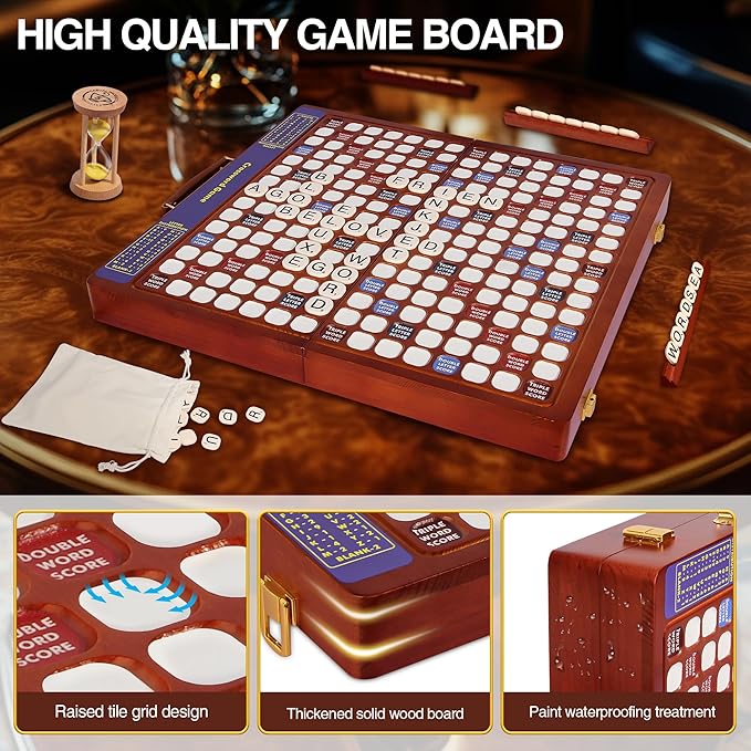 Crossword Game with Rotating Wooden Board, Foldable Board into Portable Carry Case, Luxury Edition Word Building Game with 100 Letter Tiles, Educational Family Board Game for 2-4 Players