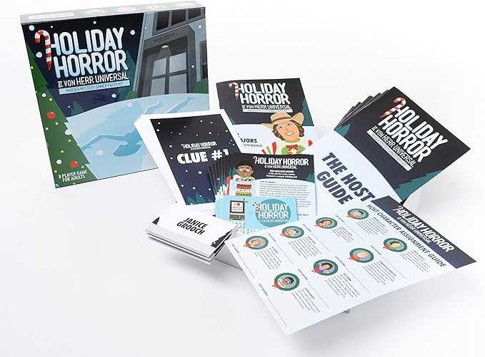 Holiday Horror at von Herr Universal, an Ugly Sweater-Themed Murder Mystery Dinner Party Game for 8 Adult Players