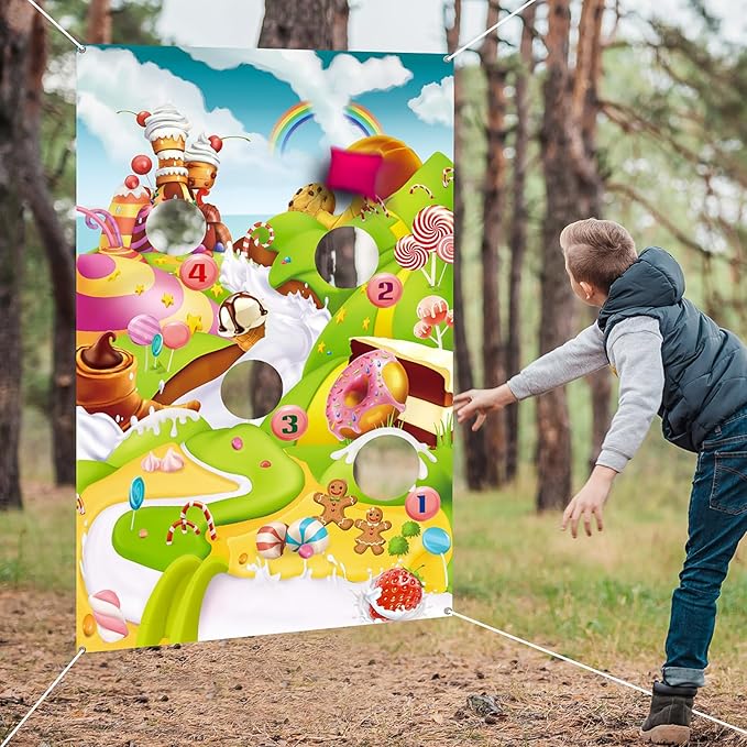 Blulu Candy Cane Land Toss Games With 3 Bean Bags, Ice Cream Cone Toss Game, Sweet Adventures Theme Wall Decoration for Lollipop Party Supplies, Christmas Gingerbread Candy Wonderland