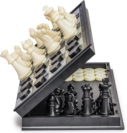 Yellow Mountain Imports Large 2-in-1 Travel Magnetic Chess & Checkers Board Game Set - 14 Inches - Folding, Portable, Multi-Game Set