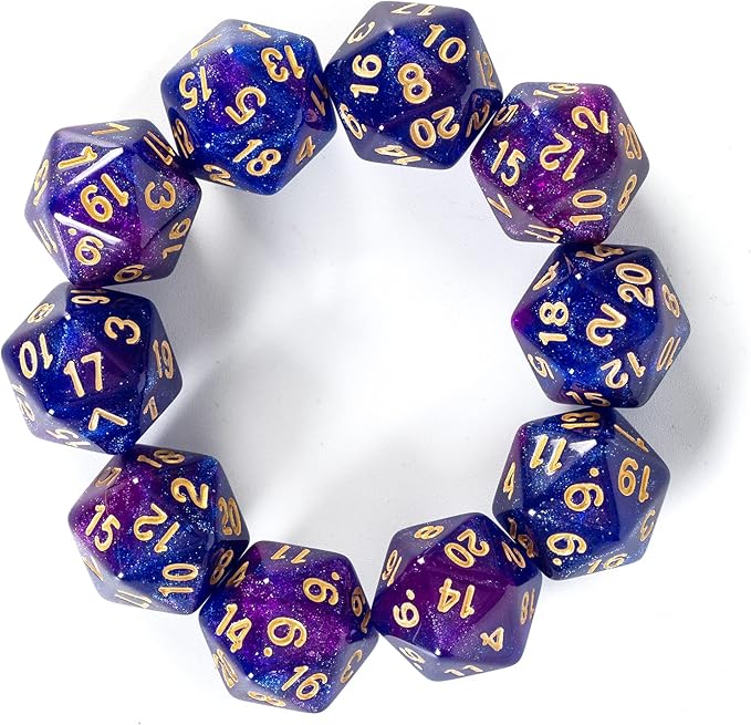 SmartDealsPro 10-Pack 20 Sided Dice D20 Polyhedral Dice for DND RPG MTG Table Game (Glitter Blue-Purple)