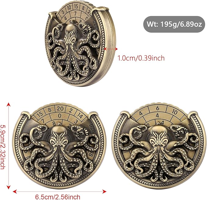 Spinner DND Dice Set, 7-in-1 Metallic D&D Dice, Octopus Roulette Dice Spinner for DND Dice Set, D&D Gifts with Gift Box, Father's Day, Role Playing Game Board Game Accessories, Bronze