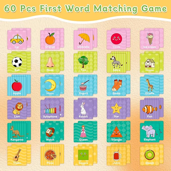 First Words Flashcards-Memory Game, Memory Games for Kids Ages 4-8 & Matching Games for Toddlers 3-5, 60 PCS Phonics Games Flash Cards, Memory Card Game Speech Therapy Materials for Boys & Girls