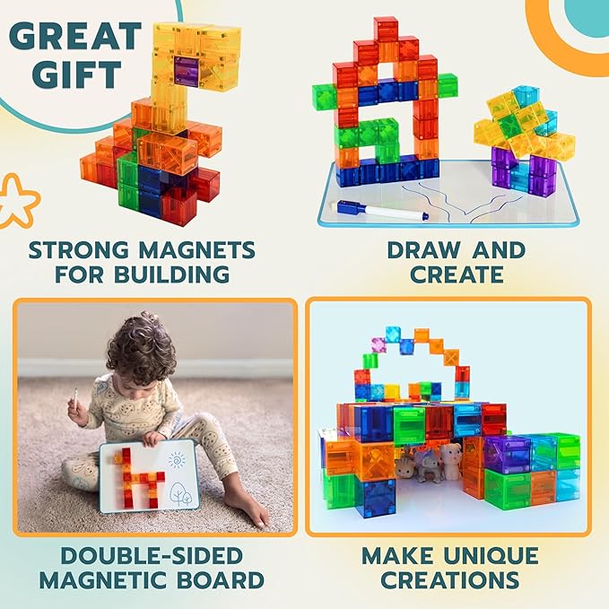 48pcs Magnetic Transparent Blocks, 1inch, 2-in-1 STEM Set with Board, Marker & Book, Educational Building Toy for Kids 3-5, Learning Building Magnet Toys, Magnetic Cubes for Kids Ages 4-8