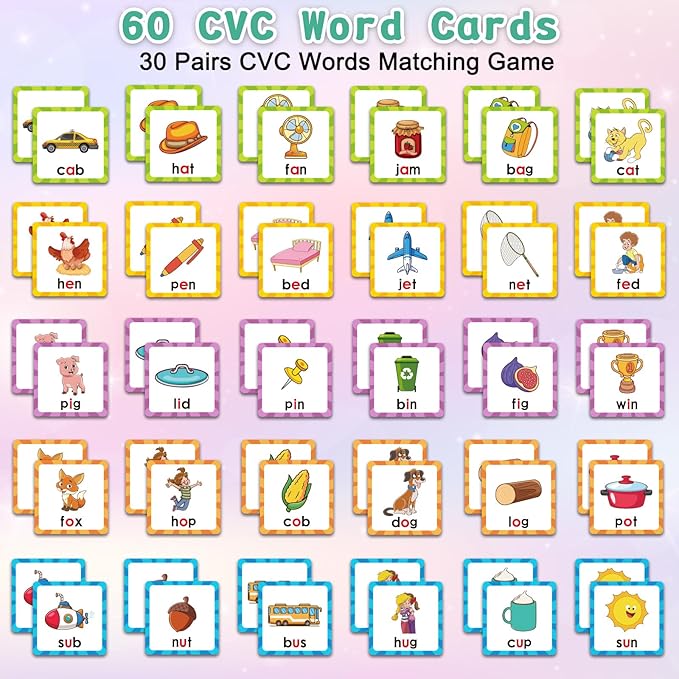 Memory Game, CVC Word Games Kindergarten, Memory Games for Kids Ages 4-8, Matching Games for Toddlers 3-5, Phonics Games Flash Cards 2-4 Years, Memory Card Game Homeschool Learning Educational Toys