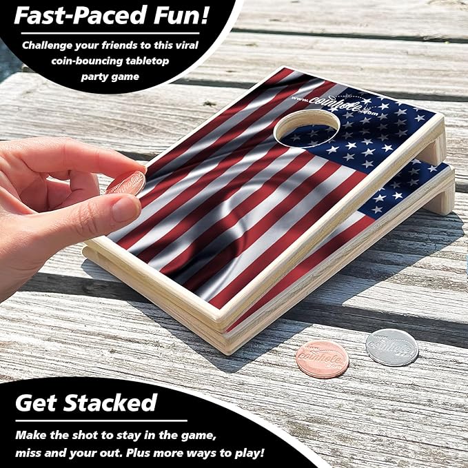 Desktop Coin Bouncing Party Set | Tabletop Cornhole Board | Small Travel Game Includes Coins