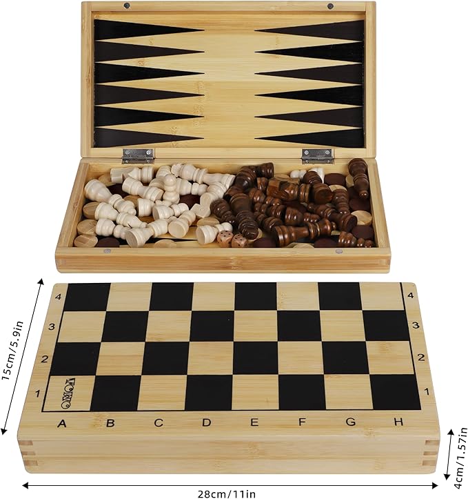 TOWO Wooden 3-in-1 Chess, Checkers/Draughts, and Backgammon Set - Classic Board Game Combo for Kids and Adults, Family Strategy Games, Portable and Durable