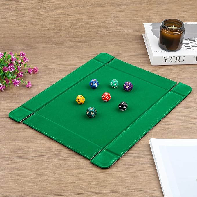 PU Leather Dice Tray Magnetic Folding Dice Rolling Mat with Green Felt Lining for Dice Games Portable Tabletop Board Games Tray