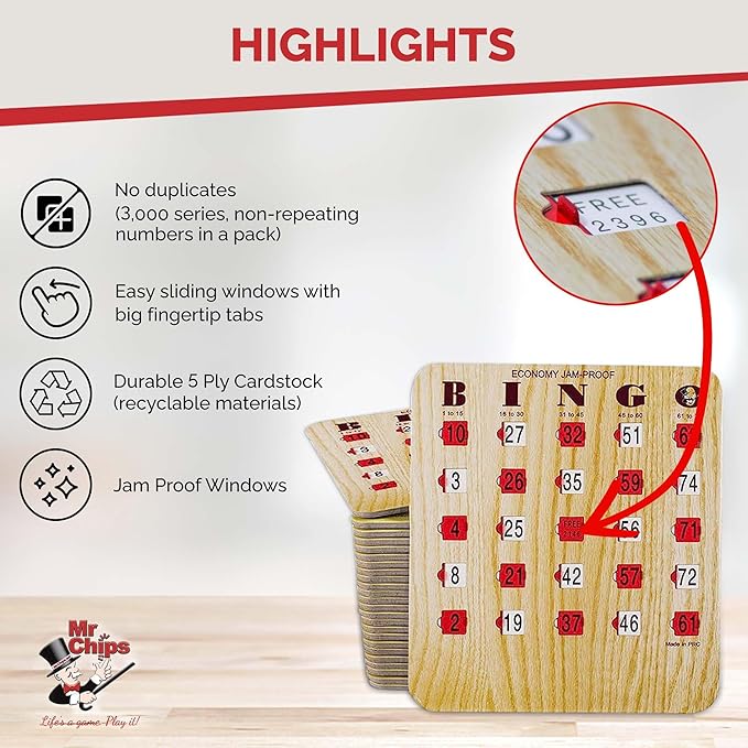 MR CHIPS Jam-Proof Bingo Cards with Sliding Windows, 25 Reusable Shutter Cards, 75 Calling Cards 1 Master Board in Tan Woodgrain Style