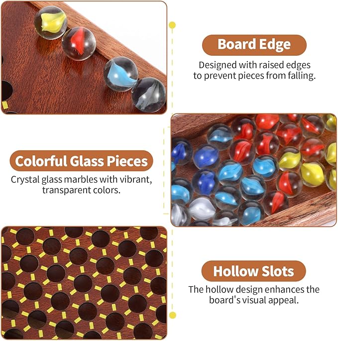 Chinese Checkers Board Game,12.6 Inches Large Wooden Board Game with 0.55“ 60+12 Colorful Glass Marbles and Dual Sided Storage Drawer Chinese Checkers Marbles for Adults Classic Family Strategy Gifts