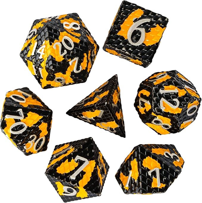 UDIXI Metal DND Dice Set Dragon Scale Polyhedral Dice D&D for Role Playing Games Dungeons and Dragons (Black Orange-Silver Number)
