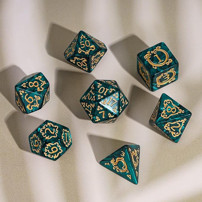 7-Die DND Dice Set Dragon Pattern Polyhedral Dice Set with Leather Bag D&D Dice Set for Dungeons and Dragons RPG MTG Table Games (Green W/Gold Dragon Pattern)