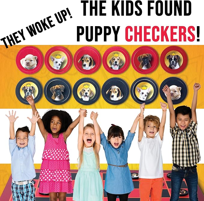 Puppy Checkers - Checkers Board Game for Kids who Love Dogs! Great Learning Games for Kids 8-12 and Also 4-8. Silly 56 Adhesive Dog Stickers Makes Checkers Better and Adults Love it for Game Night!