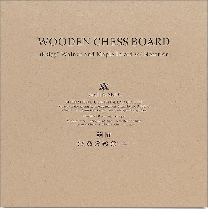 A&A 18.875" Professional Wooden Tournament Chess Board/Walnut & Maple Inlaid / 2.0" Squares w/Notation