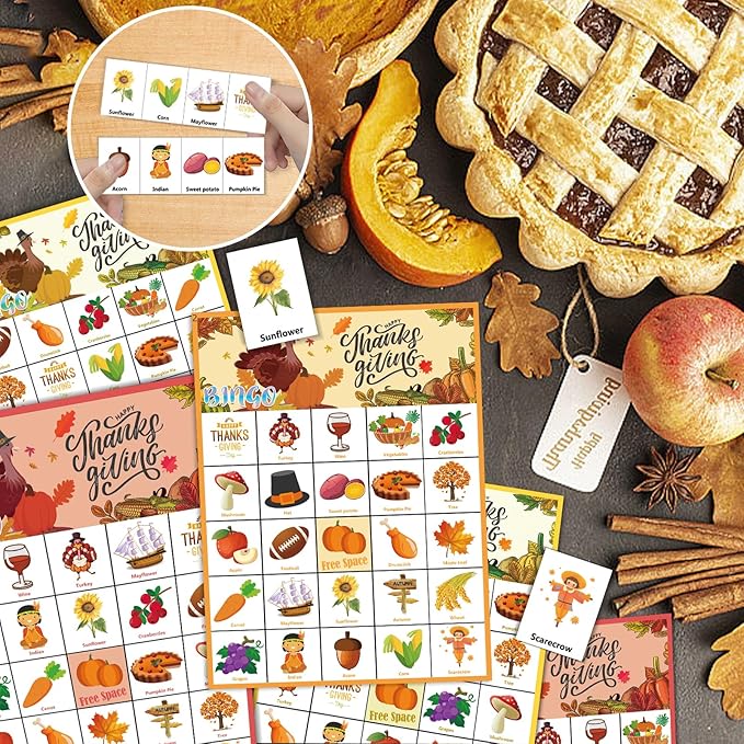 VESPRO 46PCS Thanksgiving Bingo Game Cards for 30 Players Thanksgiving Day Party Games Fall Bingo for Kids Party Classroom Activities