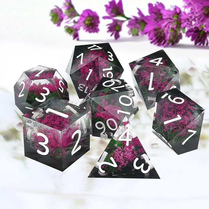 Haxtec Flower D&D Dice Set with Case - Polyhedral Dice, Sharp Edge Resin Dicia for TTRPGs DND Gift