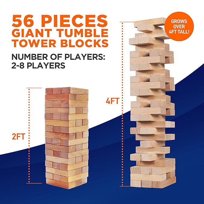 SereneLife 56 PCS Giant Tumble Tower for Indoor and Outdoor Games - Non-Toxic Stackable Timber Blocks Set Fit to Kids and Adults - Zippered Carrying Bag, Book Scoreboard and Offers Hours of Enjoyment