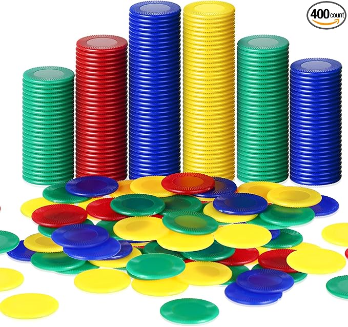 Skylety 400 Pieces Plastic Poker Chips Game Chips 4 Colors Counter Card for Kids Game Playing Learning Math Counting Bingo Game Blank Chips Card for Kids Reward