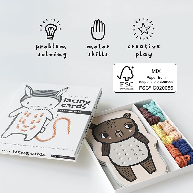 Wee Gallery Baby Animals Lacing Cards for Toddlers, Sewing Board Toy, Preschool Toys, Montessori Learning Activity for Kids, Learn Motor Skills, Colors, Travel Game, with Soy Inks (Ages 3 4 5 years +)