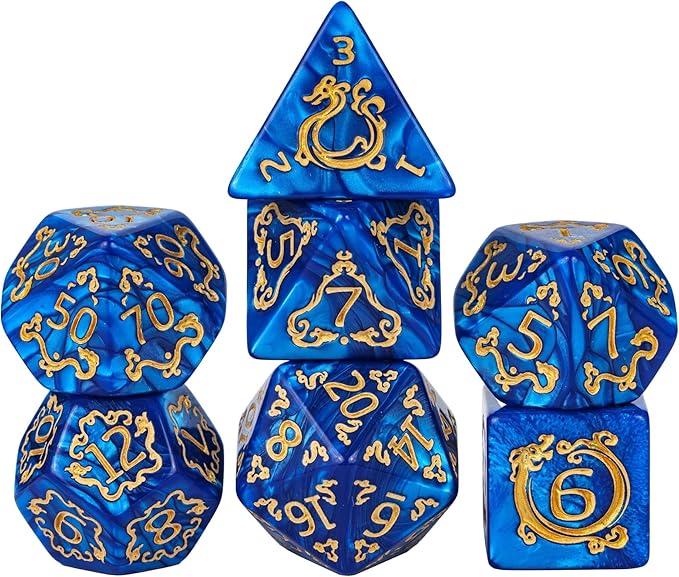 7-Die DND Dice Set Dragon Pattern Polyhedral Dice Set with Leather Bag D&D Dice Set for Dungeons and Dragons RPG MTG Table Games (Blue W/Gold Dragon Pattern)