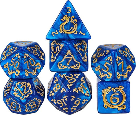 7-Die DND Dice Set Dragon Pattern Polyhedral Dice Set with Leather Bag D&D Dice Set for Dungeons and Dragons RPG MTG Table Games (Blue W/Gold Dragon Pattern)