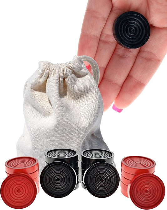 WE Games Checkers Pieces Only, Wooden Checker Board Game Pieces, 24 Red and Black Stackable Pieces, Drawstring Storage Bag, 1.062 Diameter